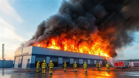 Thematic photo of firefighters working at a large warehouse fire