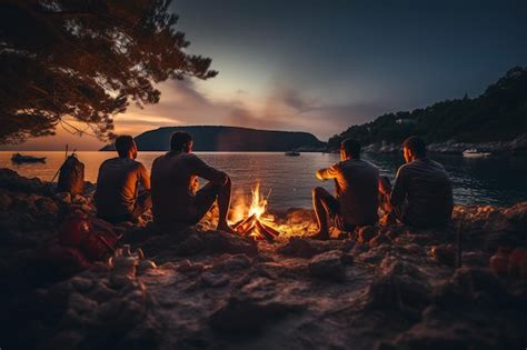 Ilustracja przedstawiająca grupę osób siedzących przy ognisku w górach, z plecakiem pełnym jedzenia
