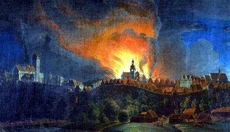 Fragment obrazu przedstawiający pożar Cieszyna z 6 maja 1789 roku, oryginał w Sali Sesyjnej cieszyńskiego Ratusza