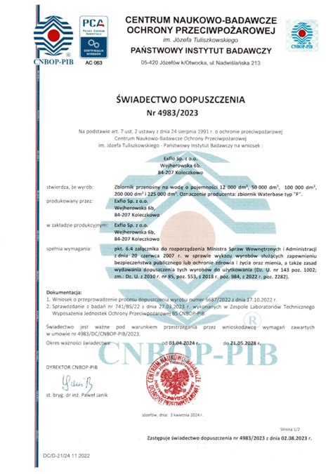 Zdjęcie certyfikatu dopuszczenia CNBOP-PIB