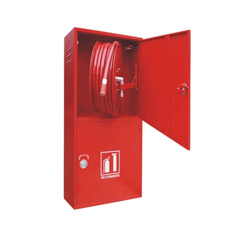 Photo of a red fire hydrant cabinet with an extra compartment for fire extinguishers
