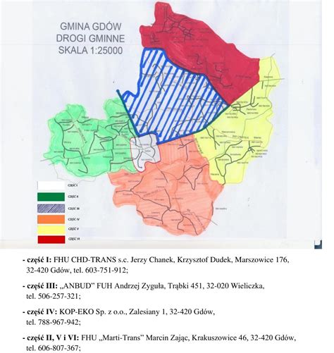 Mapa Gminy Gdów z zaznaczonymi jednostkami OSP i drogami dojazdowymi.