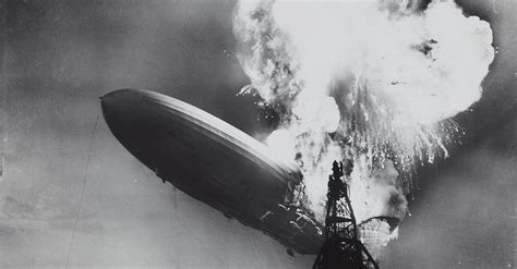 Historical photo of the Hindenburg aflame in Lakehurst