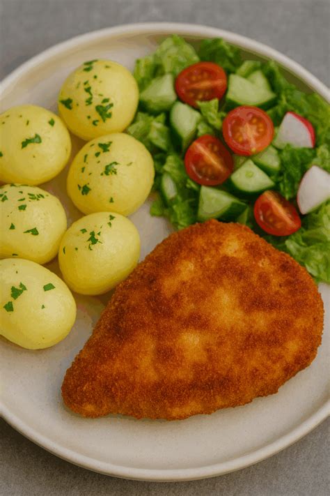 Zdjęcie gotowych kotletów pożarskich serwowanych z ziemniakami i świeżą sałatką