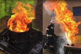 Ilustracja przedstawiająca prawidłowe i nieprawidłowe gaszenie płonącego oleju na patelni