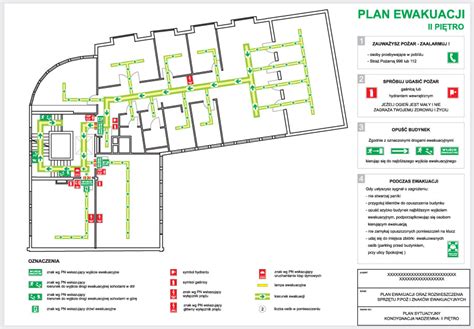Schemat planu ewakuacji z zaznaczonymi drogami i sprzętem gaśniczym