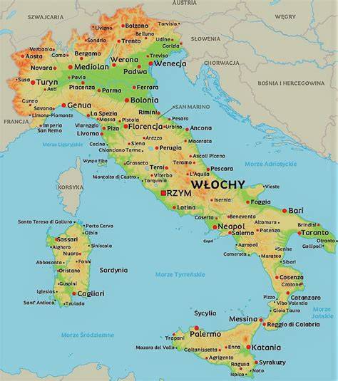 Mapa Włoch z zaznaczonymi regionami dotkniętymi pożarami (Toskania i Apulia)