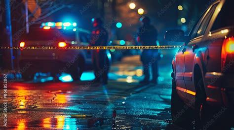 Thematic photo of a car fire investigation scene at night with police and firefighters