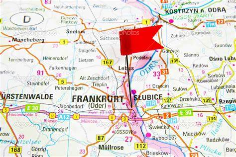 Mapa z zaznaczonymi miastami Słubice i Frankfurt nad Odrą