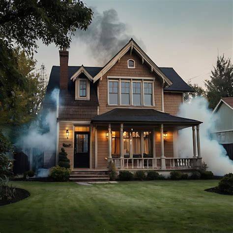 Thematic photo of a house with smoke visible, emergency services arriving