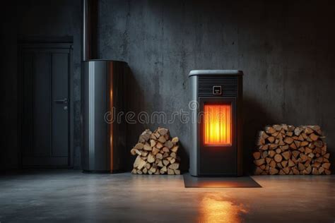 Thematic photo of a modern pellet stove in a boiler room
