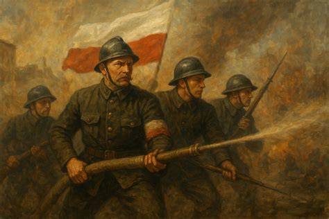 historyczna ilustracja pierwszej straży ogniowej z ręcznymi pompami i beczkowozami konnymi