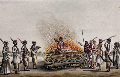 Starożytna ilustracja przedstawiająca rytuał Sati w Indiach