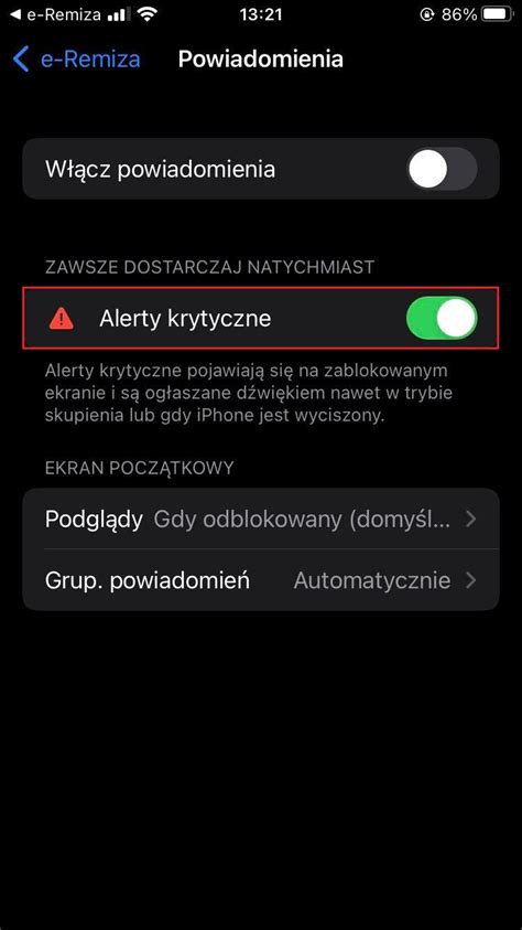 ekran konfiguracji alarmów krytycznych e-Remiza+ na iOS