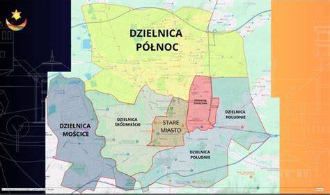 Mapa Tarnowa z zaznaczonym centrum i dzielnicami przemysłowymi