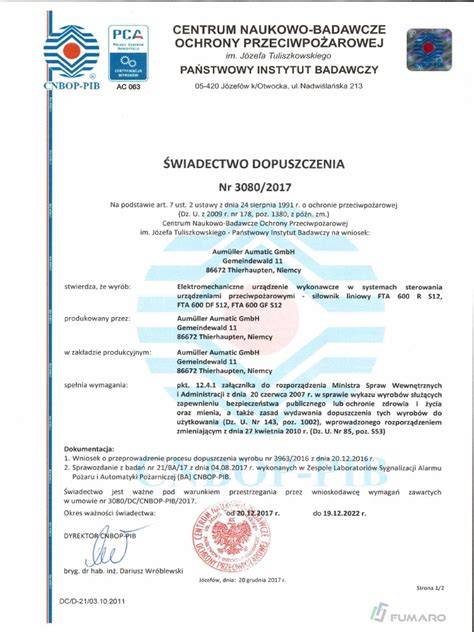 Zdjęcie świadectwa dopuszczenia CNBOP