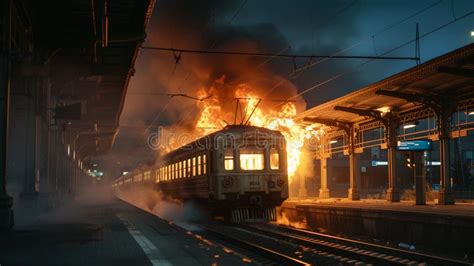 Thematic photo of a train station on fire with smoke