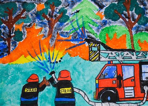 Ilustracja przedstawiająca dzieci tworzące prace plastyczne o strażakach