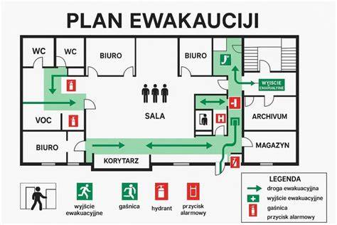 Szkic techniczny przedstawiający procedury ewakuacji w sytuacjach zagrożenia pożarem na pokładzie samolotu pasażerskiego
