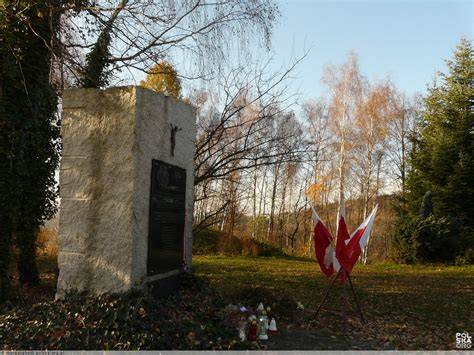 Zdjęcie przedstawiające miejsce pamięci lub pomnik ofiar pacyfikacji w Jaworniku Polskim, 1944 rok