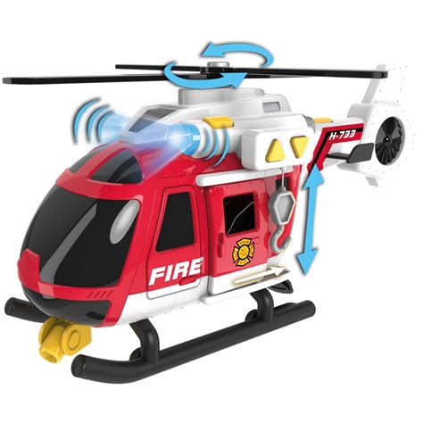 Helikopter strażacki z serii Flota Miejska od Dumel, widok z boku z opuszczoną szalupą i otwartymi drzwiami, na tle miejskiego krajobrazu