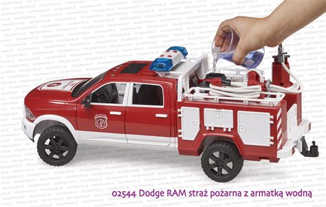 Zdjęcie zabawkowego wozu strażackiego Bruder RAM w terenie z armatką wodną