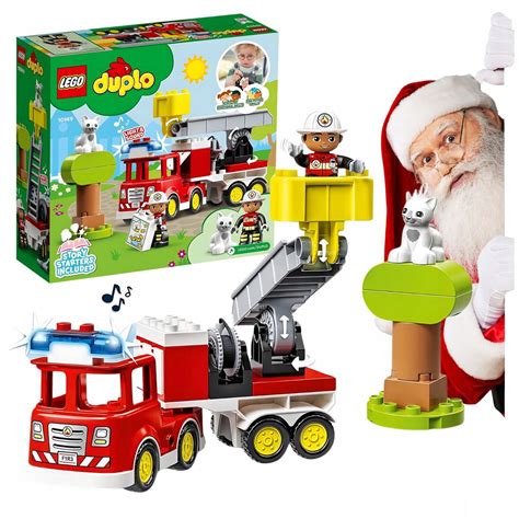 Schematyczna ilustracja zestawu LEGO DUPLO Wóz Strażacki 10969 z widocznymi elementami i figurkami.