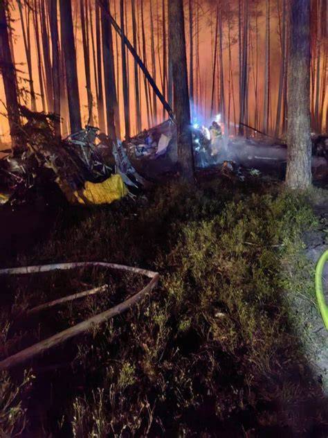 Scena leśnego pożaru z udziałem strażaków i samolotu gaśniczego