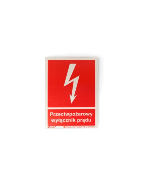 Grafika przedstawiająca znak oznakowania przeciwpożarowego wyłącznika prądu (błyskawica na czerwonym tle)