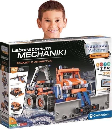 Infografika przedstawiająca różne modele pojazdów, które można zbudować z zestawu Clementoni Laboratorium Mechaniki