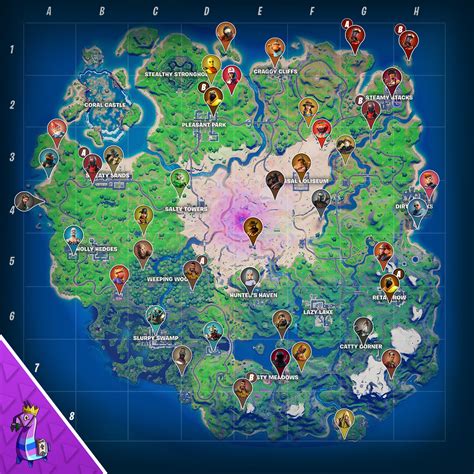 Mapa Fortnite z zaznaczonymi lokalizacjami wszystkich postaci niezależnych (NPC)