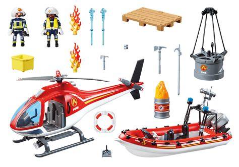 Thematyczne zdjęcie remizy strażackiej Playmobil 9462 z figurkami i helikopterem