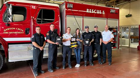 Photo of firefighters receiving new equipment or a funding check