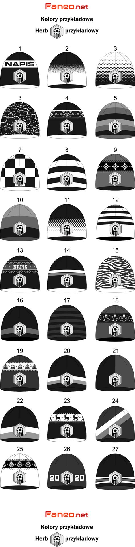 Grafika przedstawiająca różne modele czapek zimowych OSP z wyhaftowanymi lub naszywanymi logotypami.