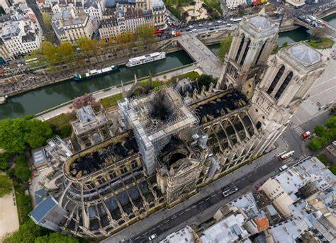 The Notre-Dame Cathedral engulfed in flames during the 2019 fire, aerial view