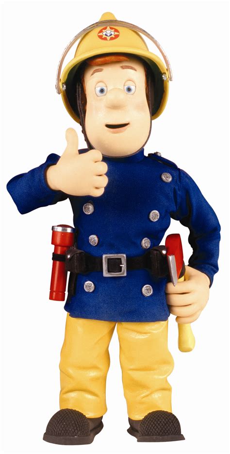 Close-up of Fireman Sam in his characteristic uniform with a flashlight on his belt