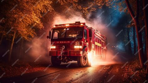 Thematic photo of a red fire truck in action