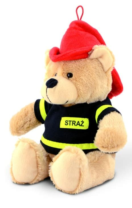 maskotka Strażak Sam w żółtym hełmie i niebiesko-żółtym stroju