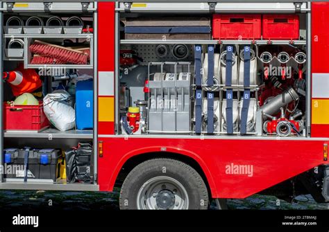 Infographics showing the internal layout of a fire truck and equipment compartments