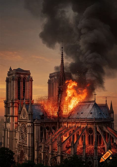Thematic photo of Notre Dame Cathedral engulfed in flames at dusk