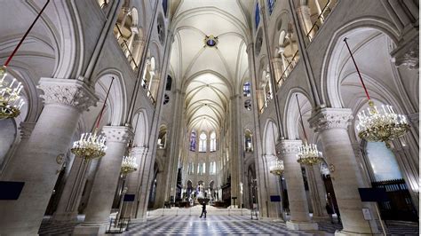 Wnętrze katedry Notre-Dame po pożarze, widoczne zniszczenia dachu