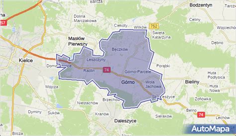 mapa gminy Górno z zaznaczonymi jednostkami OSP