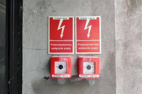 Piktogramy i oznakowanie przeciwpożarowego wyłącznika prądu na budynku