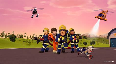 Ilustracja przedstawiająca postać Strażaka Sama w otoczeniu dzieci.