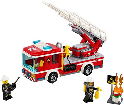 The LEGO City Fire Ladder Truck (60107) in action, with minifigures extinguishing a fire.