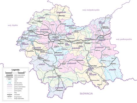 Mapa województwa małopolskiego z zaznaczonymi lokalizacjami jednostek OSP, które otrzymały dofinansowanie w ramach programu 