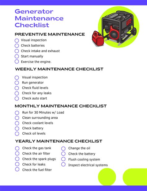 Graphic of a power generator and a maintenance checklist.