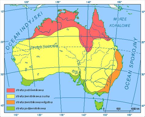 Mapa stref klimatycznych Australii ze wskazaniem obszarów podatnych na susze