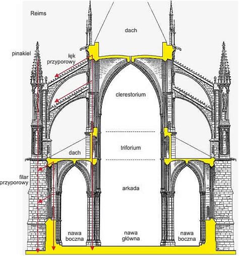 Architektoniczna wizualizacja przekroju katedry Notre Dame, ukazująca łuki przyporowe i sklepienie żebrowe
