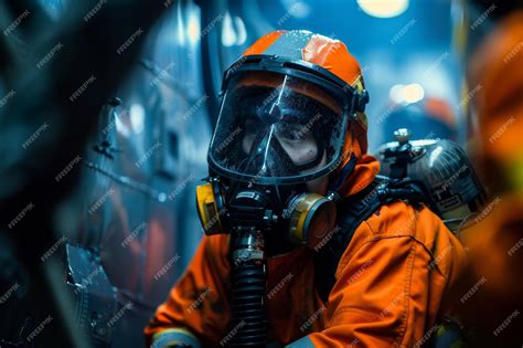 Photo of a firefighter preparing equipment or wearing a mask